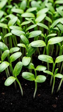Close-up of Green Seedlings Sprouting from Dark Soil with Water Drops