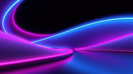 Fototapeta premium Abstract neon lights create flowing curves, vibrant blue, pink hues. Dark background emphasizes luminosity, modern design elements present.