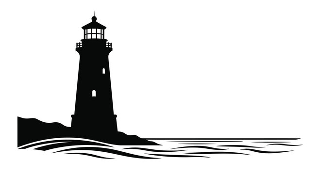 A striking black silhouette of a lighthouse against a wavy seascape