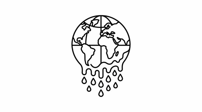 A minimalist line icon depicting a brain shaped like a maze with melting globe and raindrops symbolizing environmental issues and climate change in a simple illustration style.