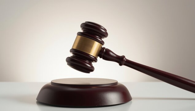 Martillo de madera s&iacute;mbolo de justicia en tribunal con jueces y abogada en juicio criminal, fallo y castigo, derecho y crimen, subasta, concepto legal y caf&eacute; de ensayo