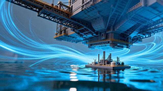 Industrial ship and floating facility over ocean with energy vortex