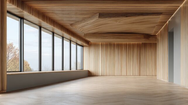 Modern architectural interior showcasing sleek wooden paneling and large windows with natural light enveloping an empty spacious room in a contemporary design