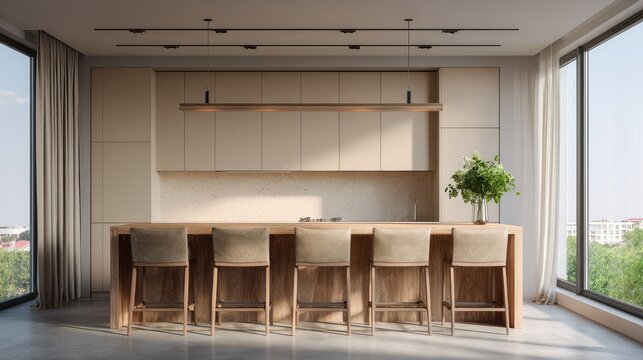 Modern kitchen interior design featuring wooden bar and elegant stools in bright space with large windows and natural light illuminating the room