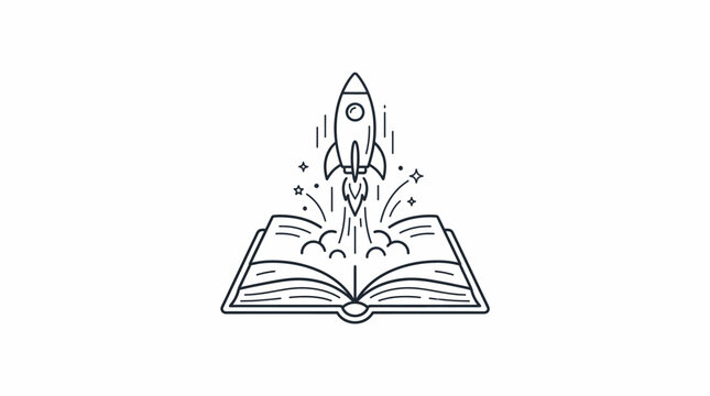 A rocket emerges from an open book in a creative illustration.