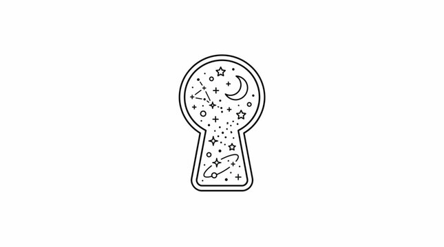 A simple line art icon reveals a starry night sky with a crescent moon and smiling face through a keyhole shape in a minimalist design.