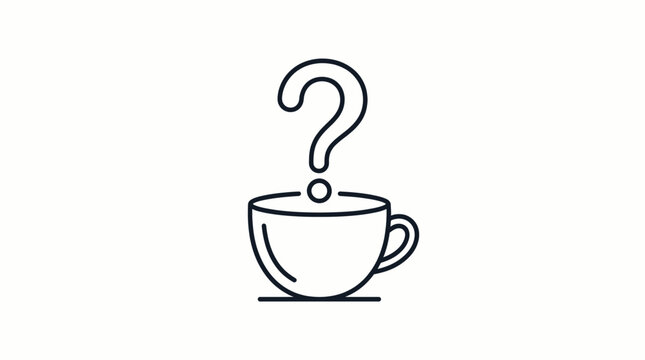 A simple line art icon of a cup with a question mark rising from it, revealing a sense of inquiry in a minimalist graphic design.