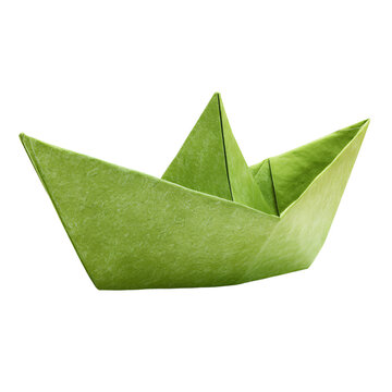 Professional Isolated Green Paper Boat Origami on White Background