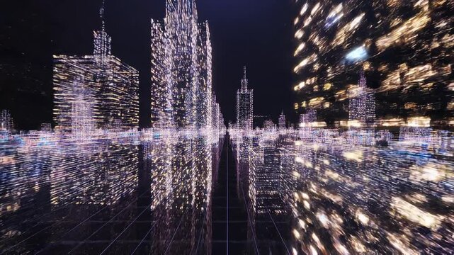 Abstract seamless loop animation of fiber optic cables carrying information into wireframe city buildings