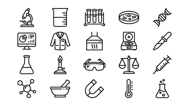 Scientific hand drawn icons for laboratory and research with test tube petri dish mortar pestle bunsen burner lab coat laboratory research illustration microscope thermometer molecule