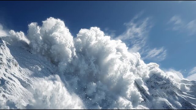 Massive snow avalanche crashing down steep winter mountain slope