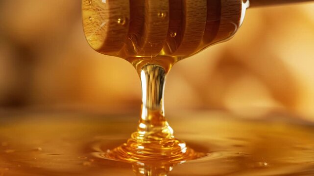 Close-up of thick golden honey dripping from a wooden dipper into a glossy amber pool, showing viscosity and liquid texture with warm lighting and a soft bokeh background.