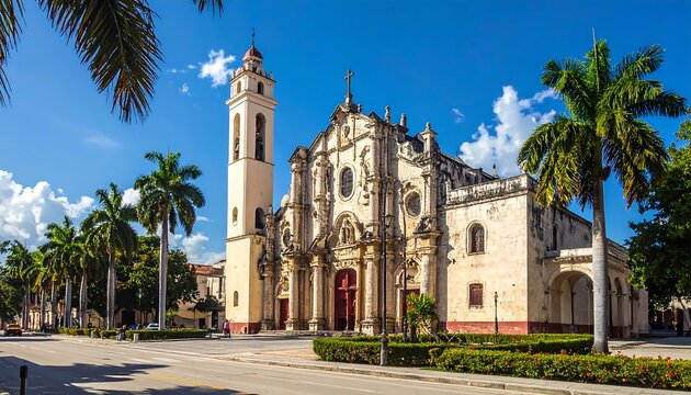 A large, ornate cathedral with a tall bell tower stands in a tropical city, framed by palm trees and a clear blue sky