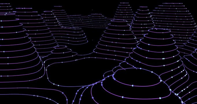 Glowing digital lines form a futuristic landscape of layered waves on a dark background.