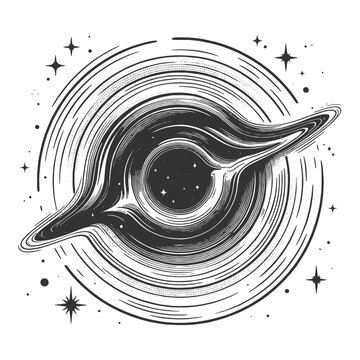 black hole with swirling rings and stars, representing space, gravity, and cosmic phenomena sketch engraving generative ai vector illustration. Scratch board imitation. Black and white image.