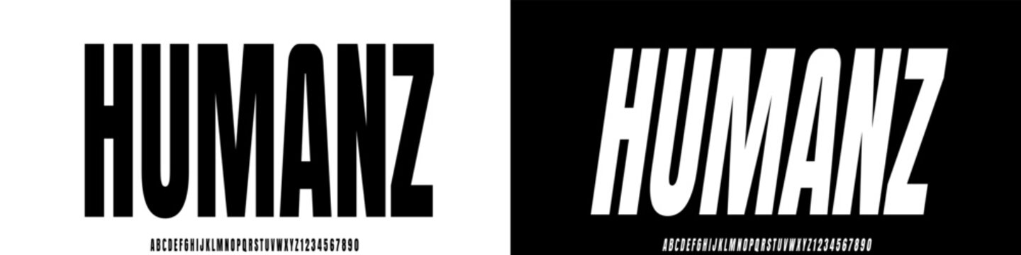 Humanz Condensed font and italic, narrow alphabet, stretched letters and numbers, vector illustration 10EPS