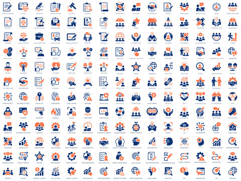 Business systems solid icons set. Representing corporate workflow, legal operations, customer interaction, analytics, hiring and strategic management.