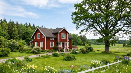 Obraz premium Traditional Swedish Red House Surrounded by Vibrant Summer Flowers and Greenery