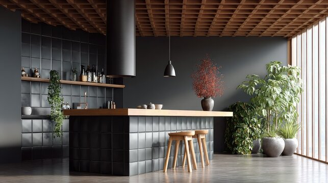 Modern minimalist kitchen interior with wooden accents, sleek black tiles, stylish bar stools, greenery, and warm natural lighting for contemporary design enthusiasts
