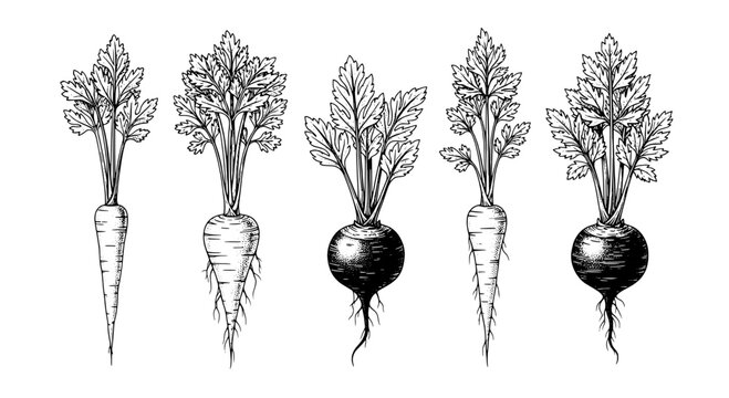Beets hand drawn set with black and white line art, roots and leaves visible featuring beetroot, root vegetables, illustration with food and organic