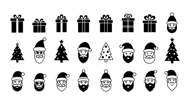 Santa faces and Christmas icons set with festive holiday decorations and presents featuring gifts, wrapped, bows with trees and pine elements for