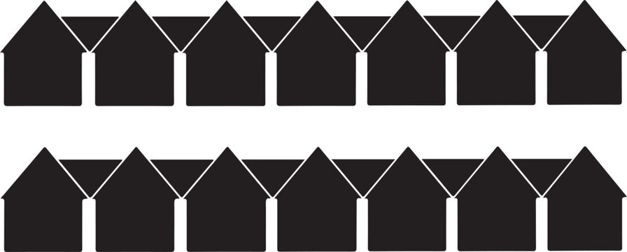 Repeating pattern of black house silhouettes arranged in two horizontal rows on white background