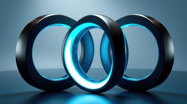 Audi rings logo. Illuminated blue circles interlock, dark outer rims contrast bright inner glow. Modern design, sleek presentation.