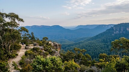 Obraz premium A serene mountain landscape with a rocky outcrop and lush greenery, featuring a pathway leading up to the peak, with a person walking on the path.