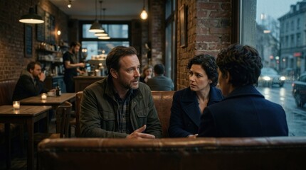 Fototapeta premium A man and a woman sitting in a cozy coffee shop, engaged in a conversation.