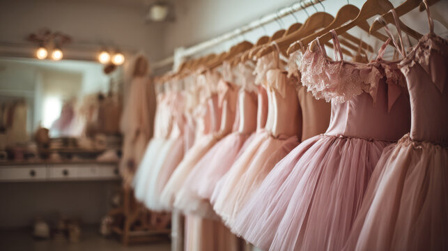 Row of pink ballerina tutus hanging in dressing room