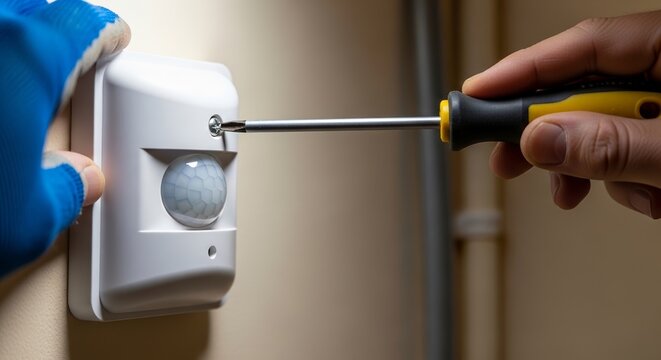 Worker installing outdoor motion detector with screwdriver, technician fixing device on wall. Installation process involves securing sensor in place for effective monitoring.