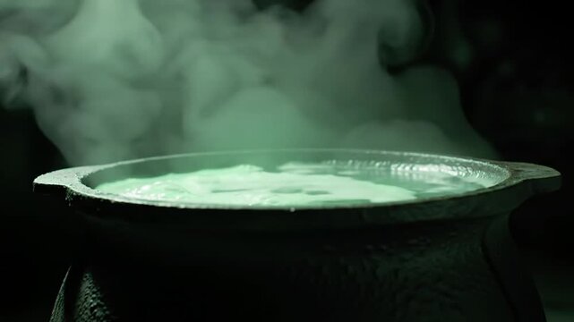 Boiling green liquid in a black iron cauldron with thick mystical smoke against a dark background