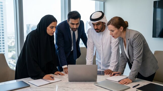Diverse Four Executive Team Urgent Laptop Huddle Meeting Gulf