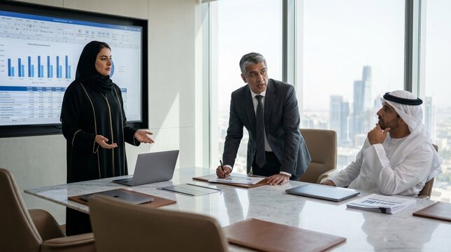 Multicultural Business Team Post Presentation Boardroom Discussion Riyadh