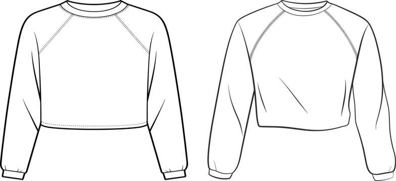 Cropped raglan sleeve sweatshirt technical drawing, relaxed fit pullover with ribbed cuffs, front and back views, clean outline &ndash; vector illustration