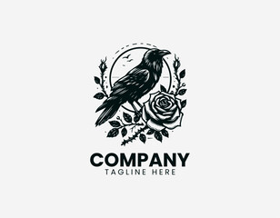 Naklejka premium Raven perched on thorny branch with rose in detailed elegant black vector logo design on white background