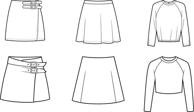 Asymmetrical buckle mini skirt and cropped raglan sweatshirt technical drawing set, fashion outfit templates, front and back views &ndash; vector illustration