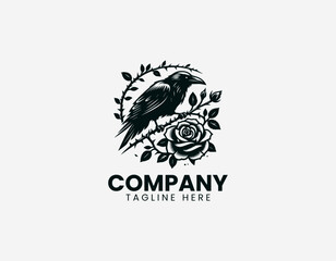 Naklejka premium Raven perched on thorny branch with rose in detailed elegant black vector logo design on white background
