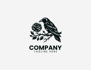 Naklejka premium Raven perched on thorny branch with rose in detailed elegant black vector logo design on white background