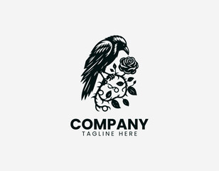 Naklejka premium Raven perched on thorny branch with rose in detailed elegant black vector logo design on white background