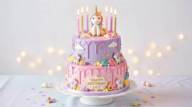 A delightful birthday cake with unicorn decorations and lit candles, adorned with purple frosting and sprinkles.