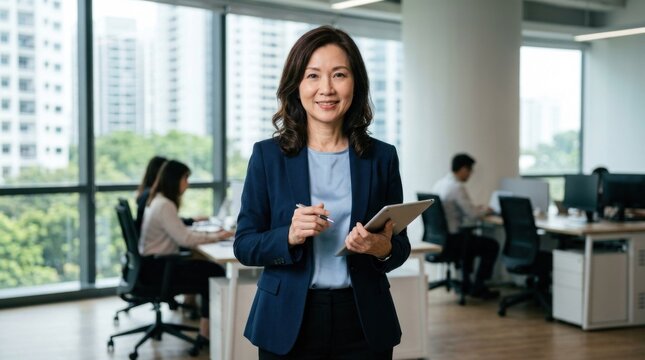 A smiling businesswoman standing in an office with a tablet in her hands.