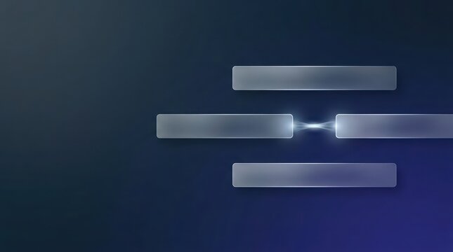 Minimal blue technology header with connected frosted glass bars and central light bridge copy space background