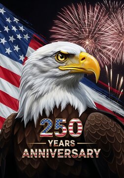 Bald eagle in front of american flag and fireworks on 250th anniversary