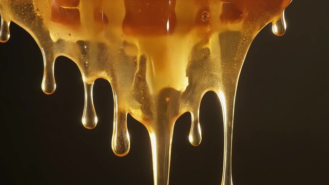 Close Up Macro Shot of Golden Honey Dripping Slowly, Slow Motion Food Footage