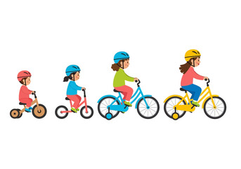 Naklejka premium Childhood Growth and Development Stages Learning to Ride a Bicycle Vector Illustration from Toddler Tricycle to Bike with Training Wheels