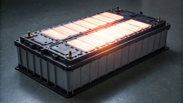 Glowing energy core battery pack on dark surface, showcasing its power and technology