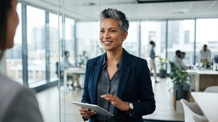 Fototapeta premium A smiling businesswoman in a suit standing in an office with a digital tablet in her hand.