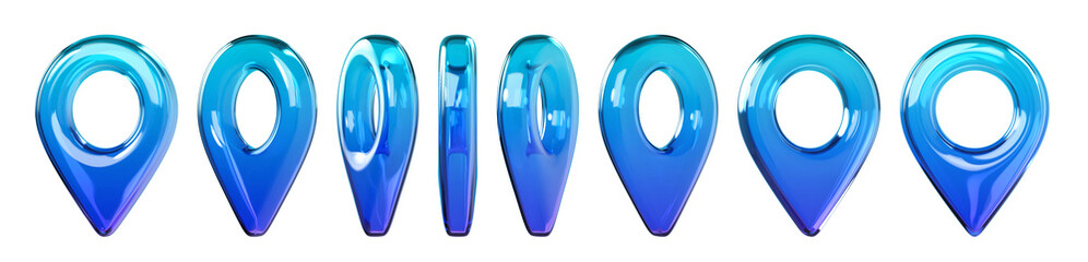 Set of glossy blue 3D map location pin icons in different views. Transparent glass or plastic navigation markers isolated on background for GPS, map, travel and UI design. 3d render.  © Hannet