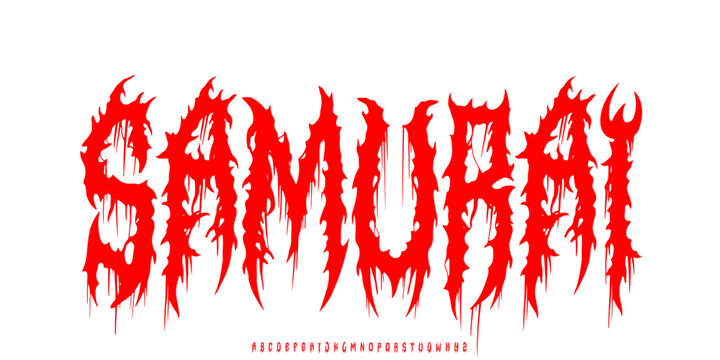 Samurai. Y2k Dark Lettering tattoo vector type font. Grunge style type font with Gothic Punk Rock and Death Metal signs and symbols. Scary tattoo font 00s concept.	